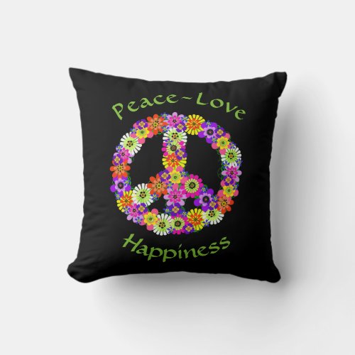 Peace Sign Floral Peace Love Happiness Throw Pillow