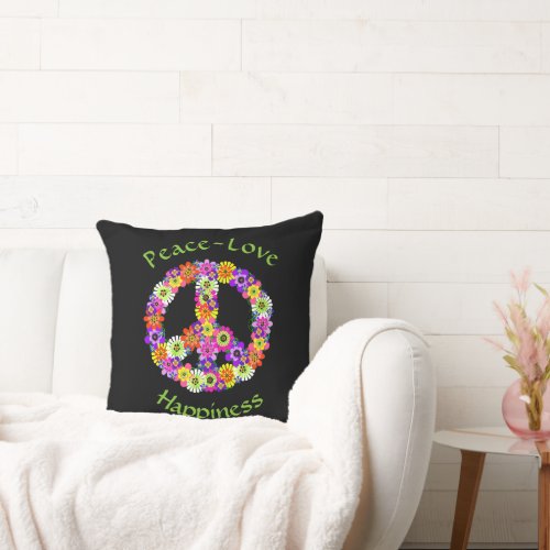 Peace Sign Floral Peace Love Happiness Throw Pillow