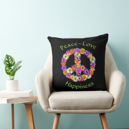 Peace Sign Floral Peace Love Happiness Throw Pillow