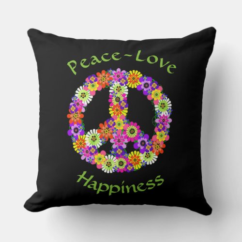 Peace Sign Floral Peace Love Happiness Throw Pillow