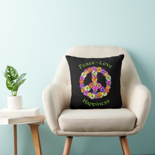 Peace Sign Floral Peace Love Happiness Throw Pillow