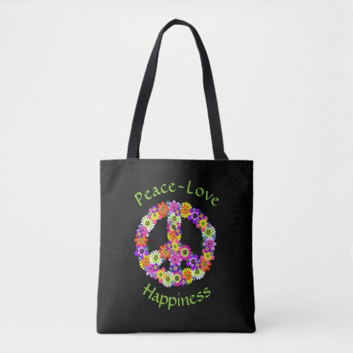 Peace Sign Floral Peace Love Happiness Tote Bag