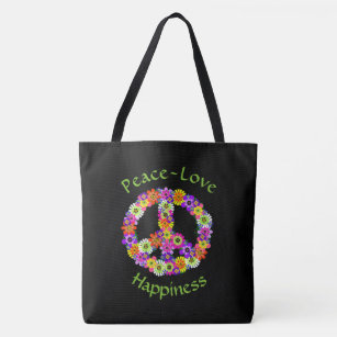 Peace Sign Floral Peace Love Happiness Tote Bag