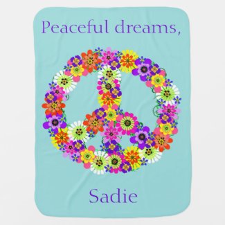 Peace Sign Floral Personalized in Blue Stroller Blanket