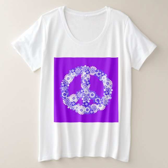Peace Sign Floral Purple Plus Size T-Shirt (Design Front)