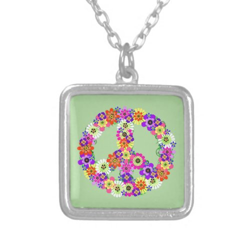 Peace Sign Floral Silver Plated Necklace