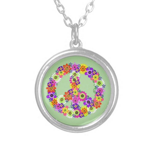 Peace Sign Floral Silver Plated Necklace