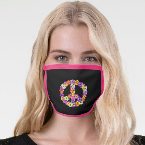 Peace Sign Floral with pink trim Face Mask