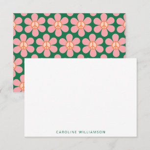 Peace Sign Flower Green Pink Baby Shower Name Note Card