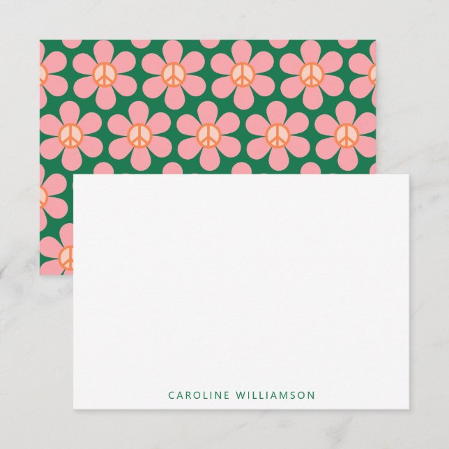 Peace Sign Flower Green Pink Baby Shower Name Note Card (Front/Back)