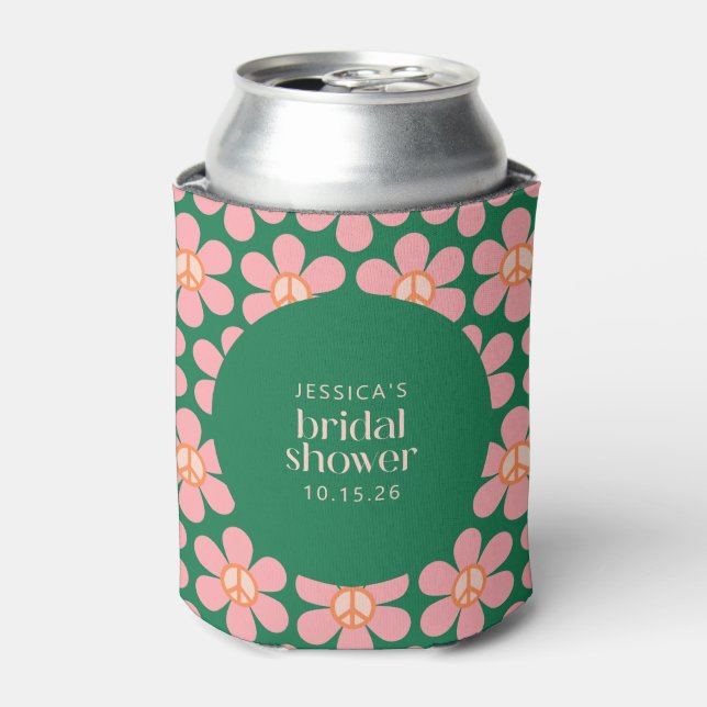 Peace Sign Flower Green Pink Custom Bridal Shower Can Cooler (Can Front)