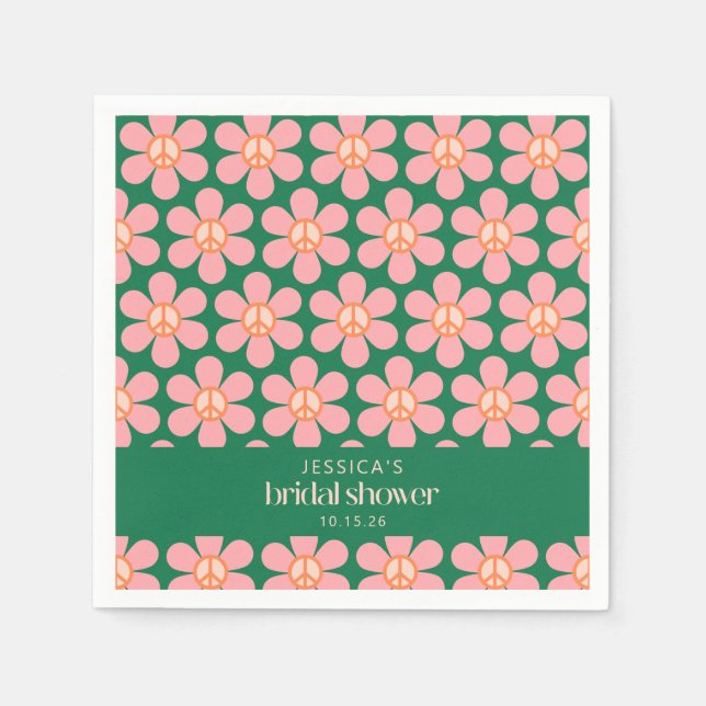 Peace Sign Flower Green Pink Custom Bridal Shower Napkins (Front)