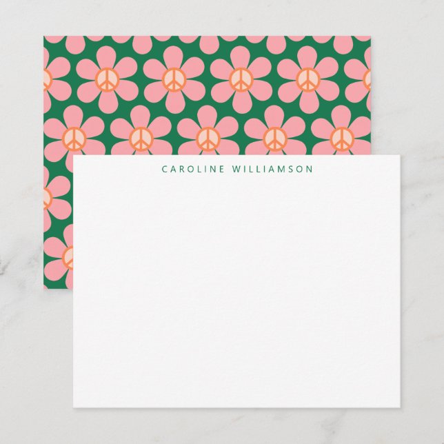 Peace Sign Flower Green Pink Custom Stationery Note Card (Front/Back)