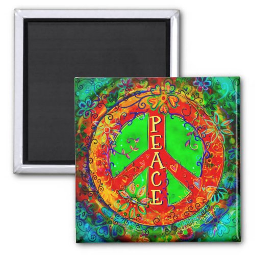Peace Sign Fun Hippie Colorful Floral Inspirivity Magnet