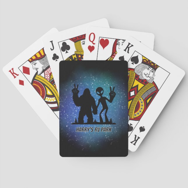 Peace Sign Galactic Personalized Sasquatch & Alien Poker Cards (Back)