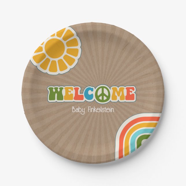Peace Sign Groovy Welcome Baby Shower Cardstock Paper Plates (Front)