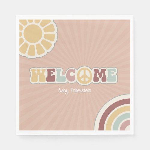 Peace Sign Groovy Welcome Pink Baby Shower Hippie Napkins
