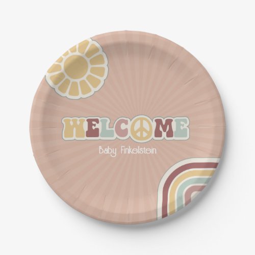 Peace Sign Groovy Welcome Pink Baby Shower Hippie Paper Plates