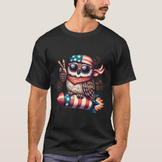 Peace Sign Hand Owl Firework American Usa Flag 4th T-Shirt