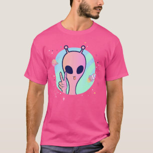 Peace Sign Hand Planet Stars Ufo Cool Trippy  Pink T-Shirt