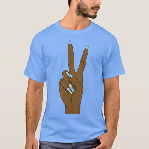 Peace sign hand with holograph nails 2 T_Shirt