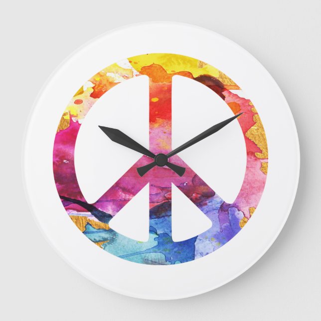 Peace Sign Hippie Girl 70s Watercolor Art Large Clock (Front)