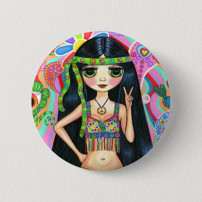 Peace Sign Hippie Girl Button (Front)