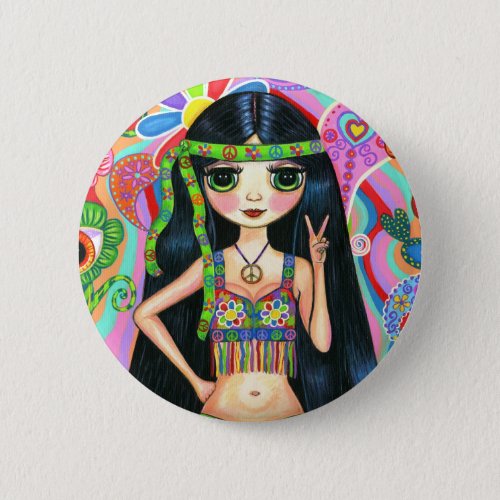 Peace Sign Hippie Girl Button