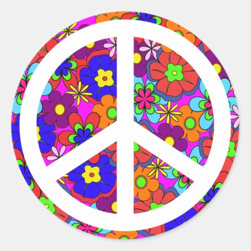 Peace Sign Hippy Retro Flowers Classic Round Sticker