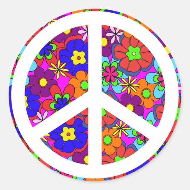 Peace Sign Hippy Retro Flowers Classic Round Sticker (Front)