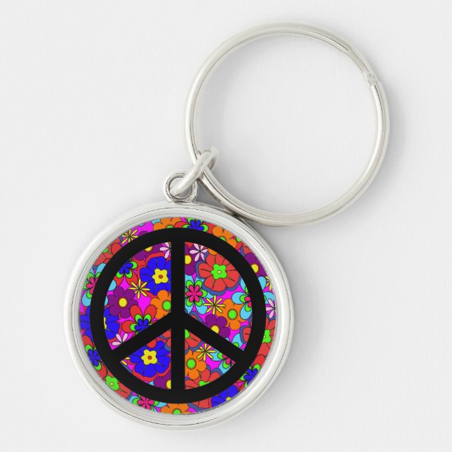 Peace Sign Hippy Retro Flowers Keychain (Front)
