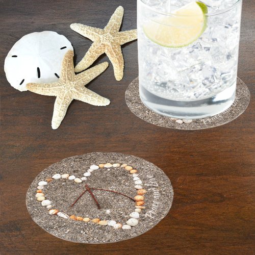 Peace Sign in Heart of Seashells Beachy Coastal Round Paper Coaster