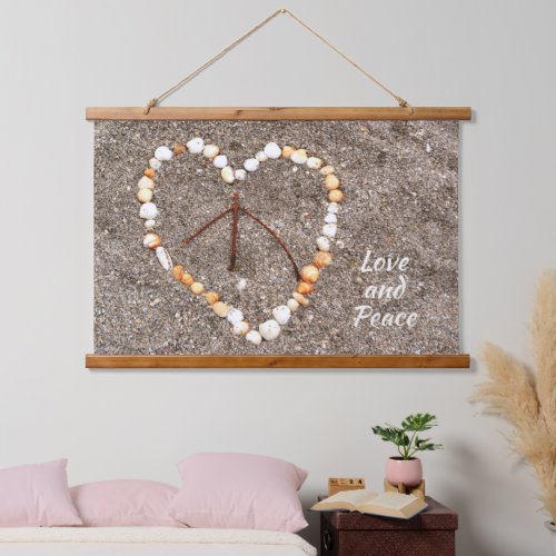 Peace Sign in Heart of Seashells on Sandy Beach Hanging Tapestry