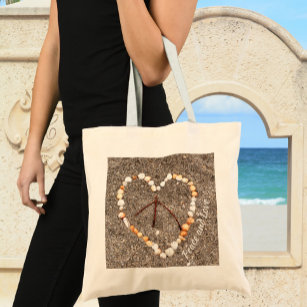 Peace Sign in Heart of Seashells on Sandy Beach Tote Bag