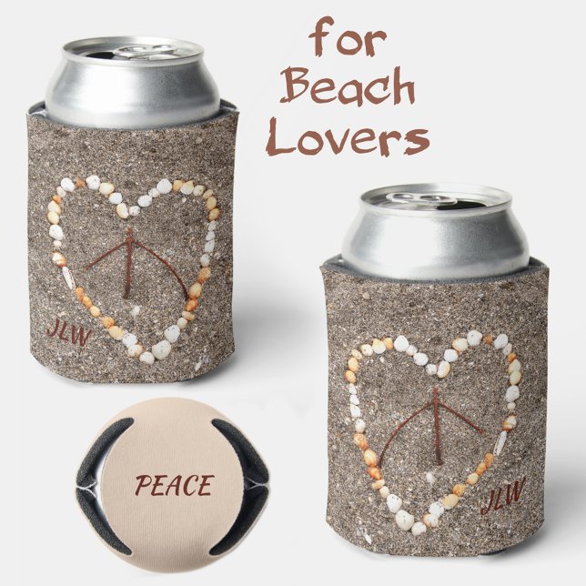 Peace Sign in Heart on Sand Beach Can Cooler (Creator Uploaded)