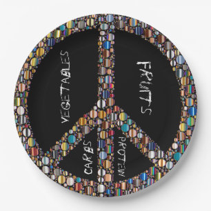 Peace sign jewel portion control paper plates-blk paper plates
