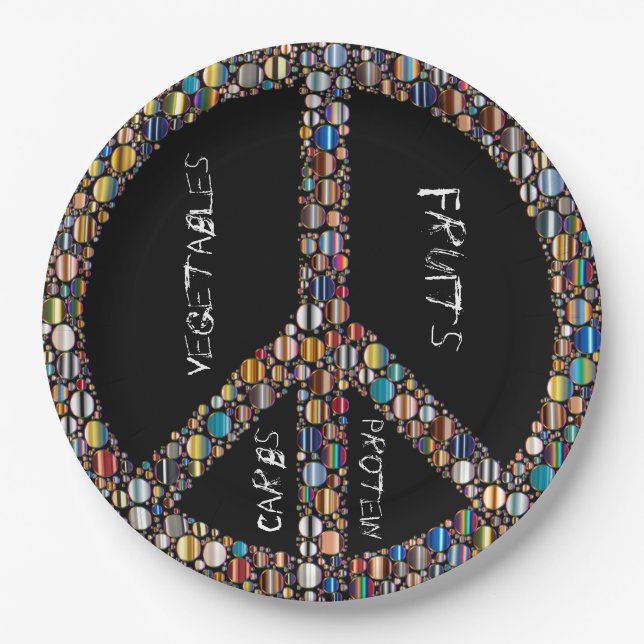 Peace sign jewel portion control paper plates-blk plates (Front)