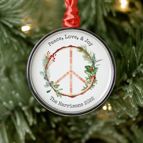 Peace Sign Joy Love Rustic Botanical Christmas Metal Ornament