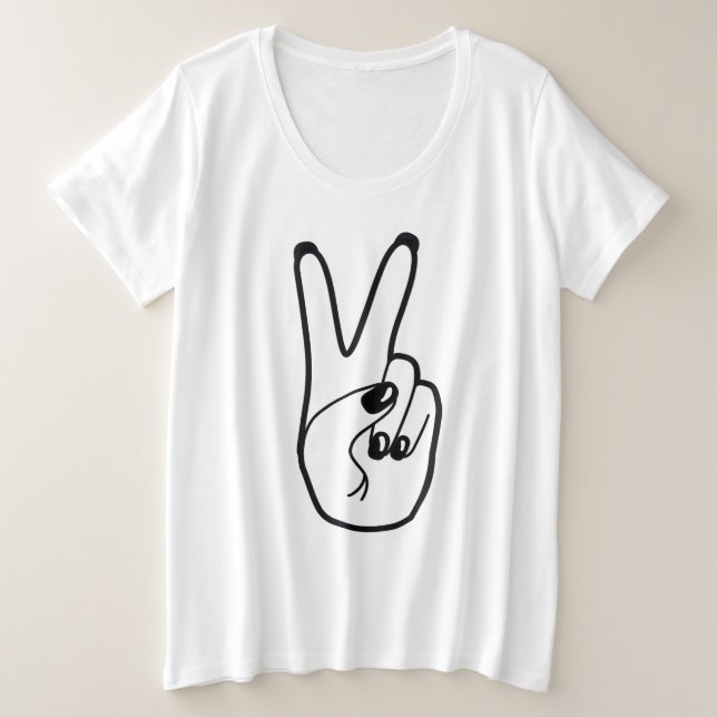 Peace Sign Left Hand Black & White Unity Movement Plus Size T-Shirt (Design Front)