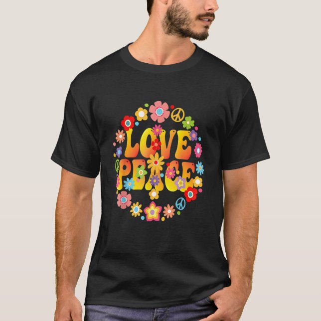 Peace Sign Love 1960s 1970s  Tie Dye Groovy Hippie T-Shirt (Front)