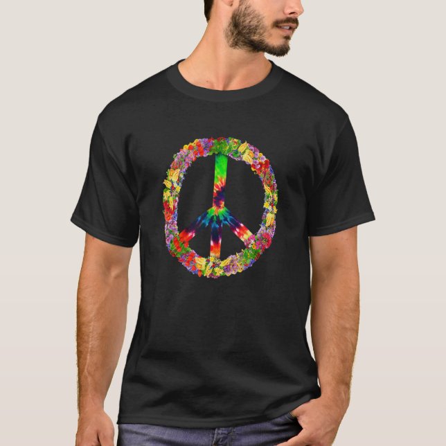 PEACE SIGN LOVE 1960s 1970s  Tie Dye Groovy Hippie T-Shirt (Front)