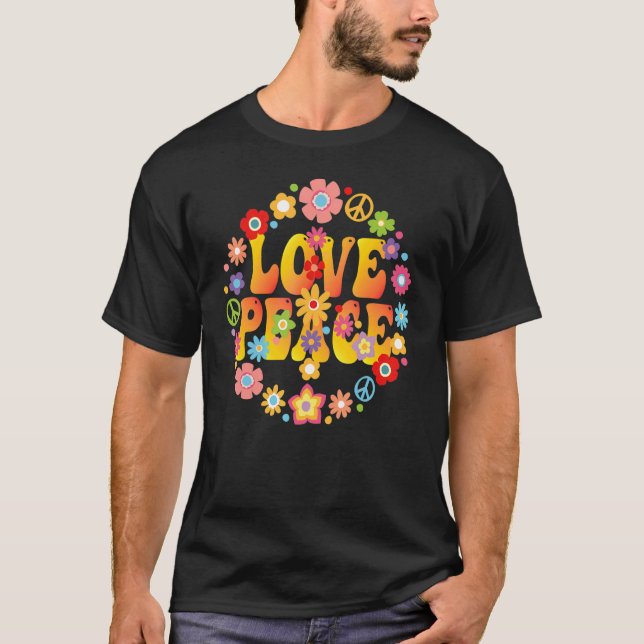 Peace Sign Love 1960s 1970s  Tie Dye Groovy Hippie T-Shirt (Front)