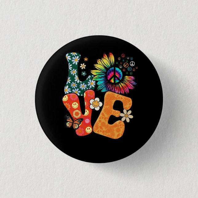 Peace Sign Love 60s 70s Costume Groovy Hippie Them Button (Front)