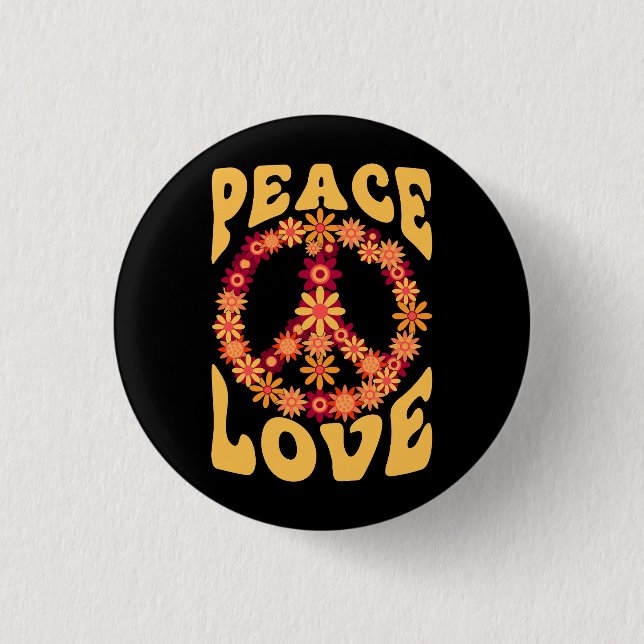 Peace Sign Love 60s 70s Costume Groovy Hippie Them Button (Front)