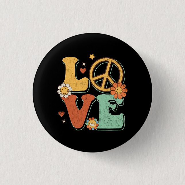 Peace Sign Love 60s 70s Costume Groovy Hippie Them Button (Front)