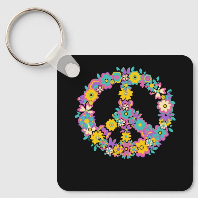 Peace Sign Love 60s 70s Tie Dye Hippie Costume Flo Keychain (Front)