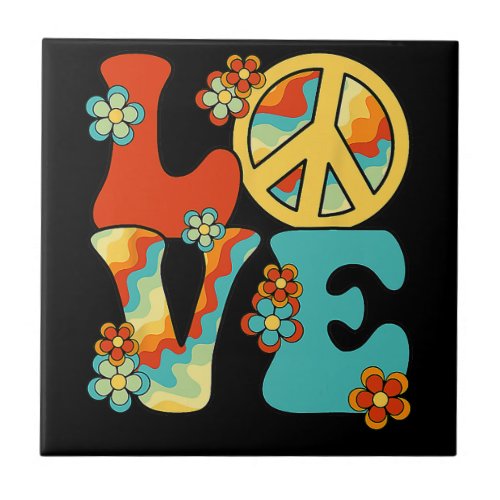 PEACE SIGN LOVE 60s 70s Tie Dye Hippie Halloween C Ceramic Tile