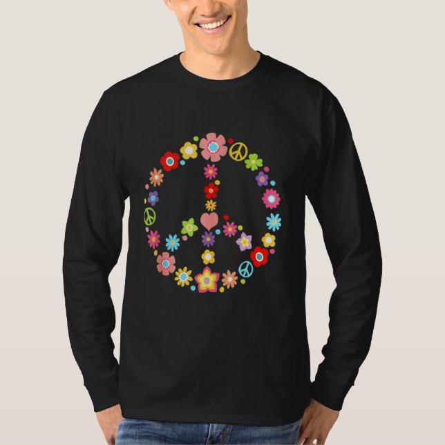 Peace Sign Love Flower 60s 70s Hippie Costume T-Shirt (Front)