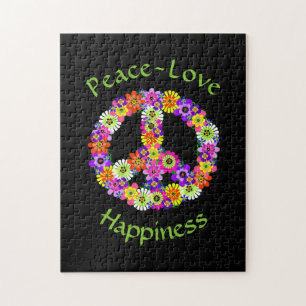 Peace Sign Love & Happiness on Black Jigsaw Puzzle