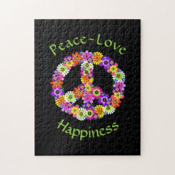Peace Sign Love & Happiness On Black Jigsaw Puzzle by Mistflower at Zazzle